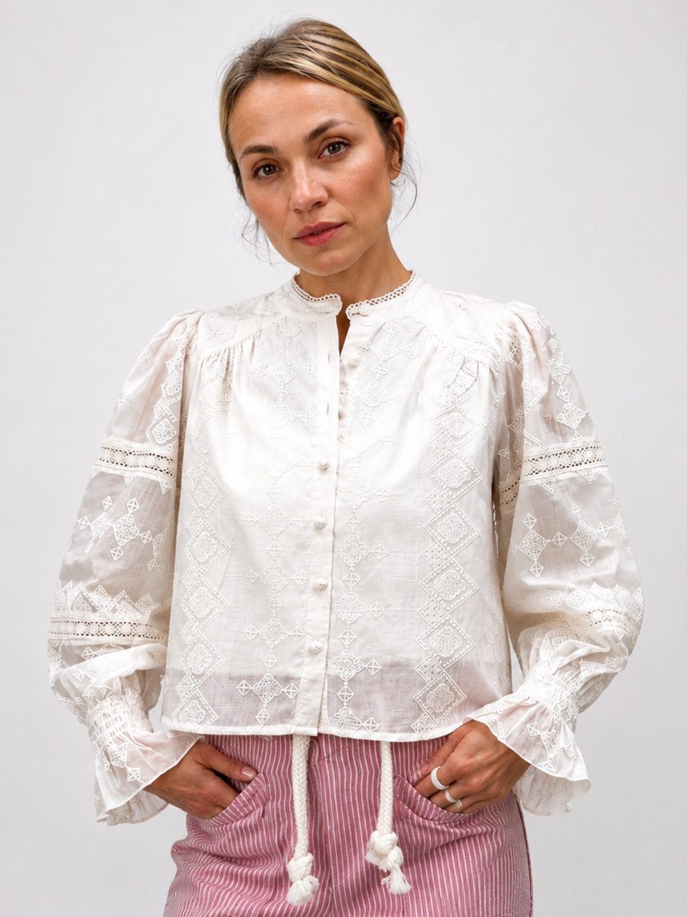 Caroline Constas Ivory Embroidered Lace Balloon Sleeve Blouse XS NWT